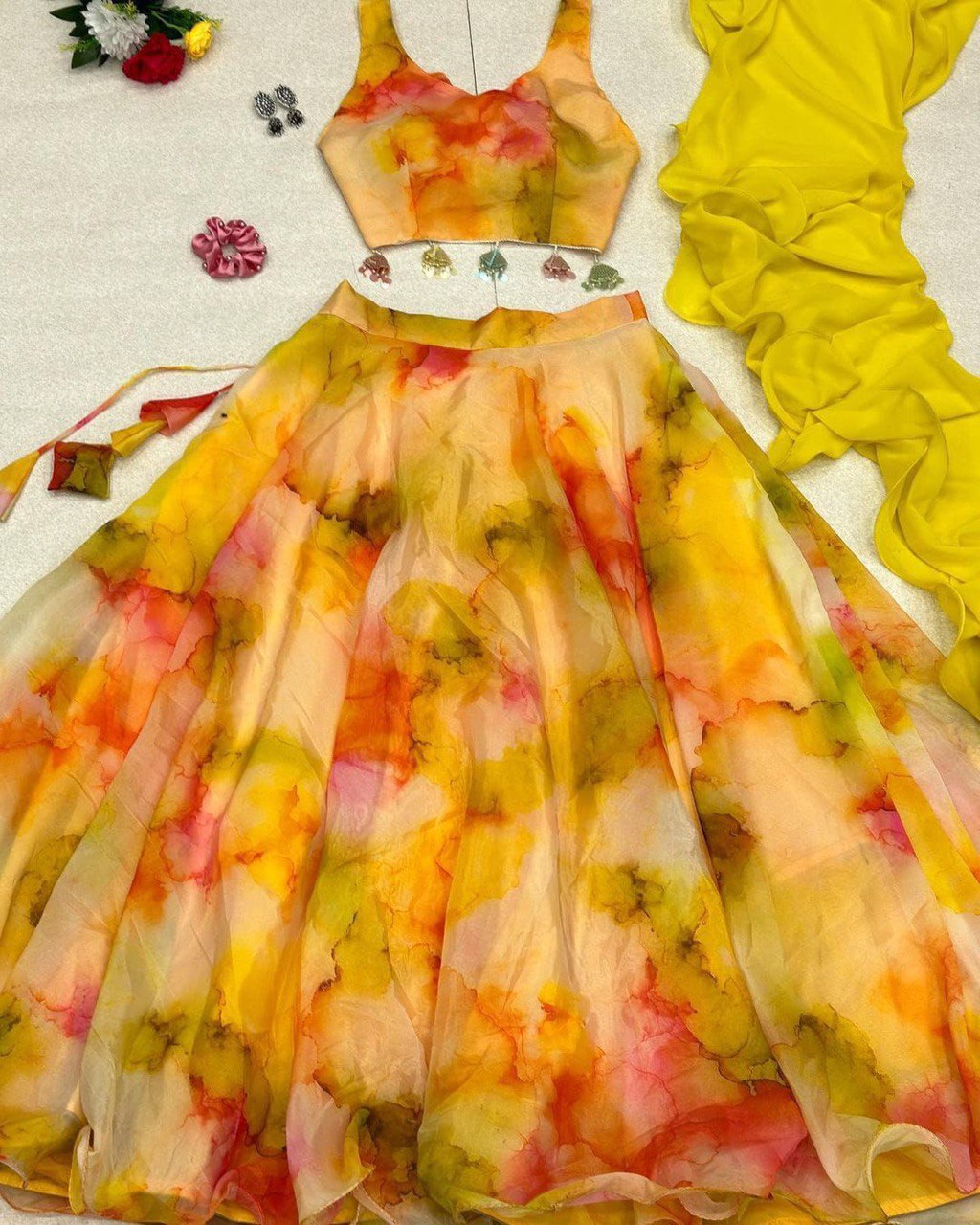 Winsome Yellow Organza Silk Floral Printed Stitched Lehenga Choli Set - INDIAN ELEGANCE