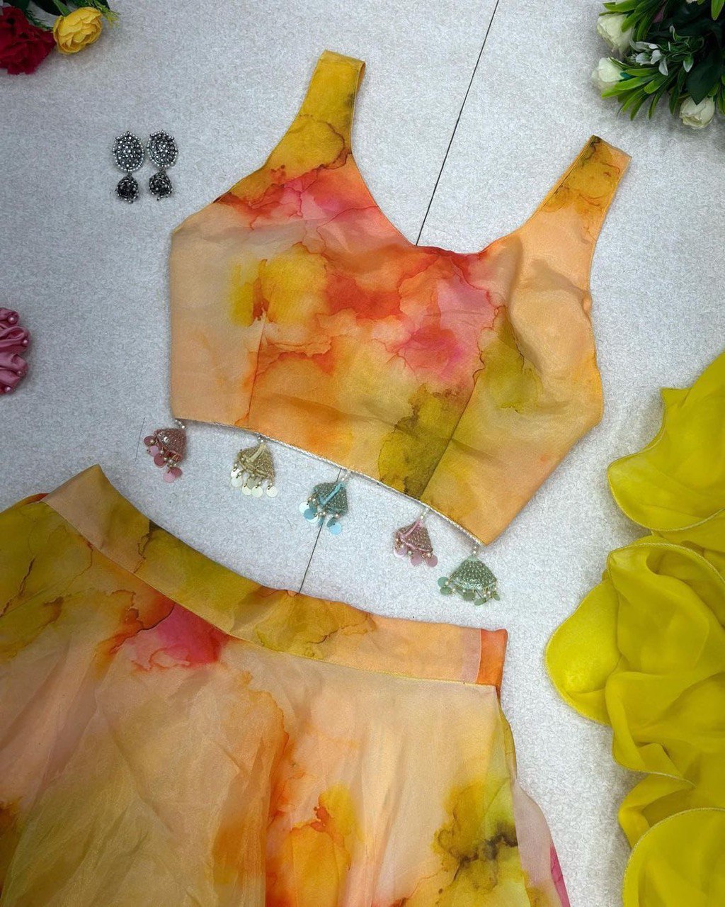 Winsome Yellow Organza Silk Floral Printed Stitched Lehenga Choli Set - INDIAN ELEGANCE