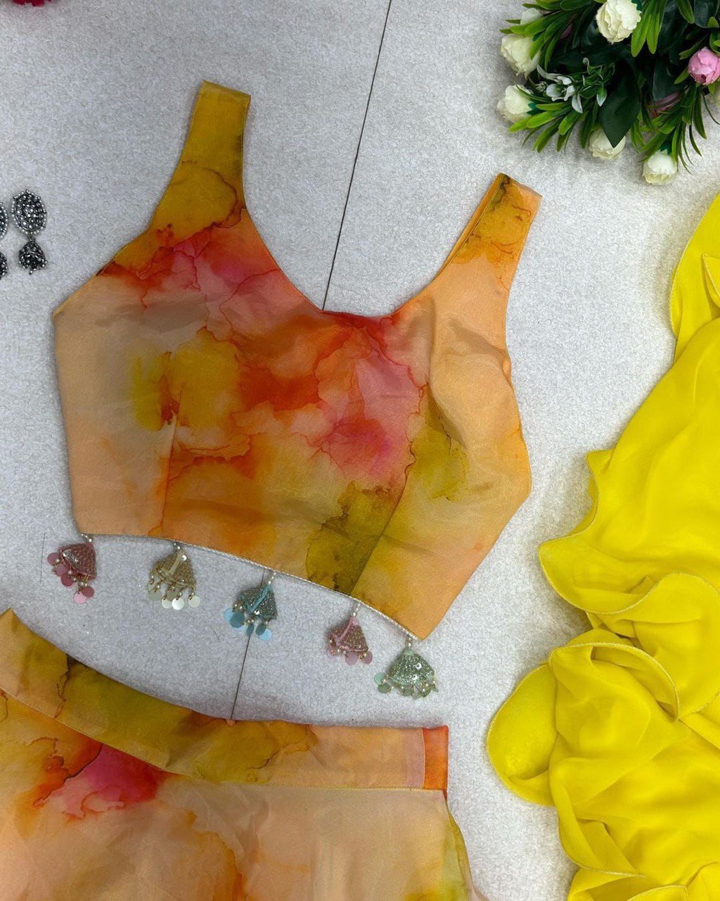 Winsome Yellow Organza Silk Floral Printed Stitched Lehenga Choli Set - INDIAN ELEGANCE