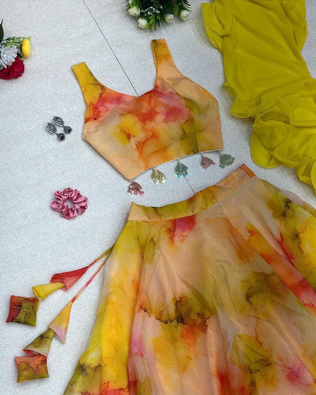 Winsome Yellow Organza Silk Floral Printed Stitched Lehenga Choli Set - INDIAN ELEGANCE