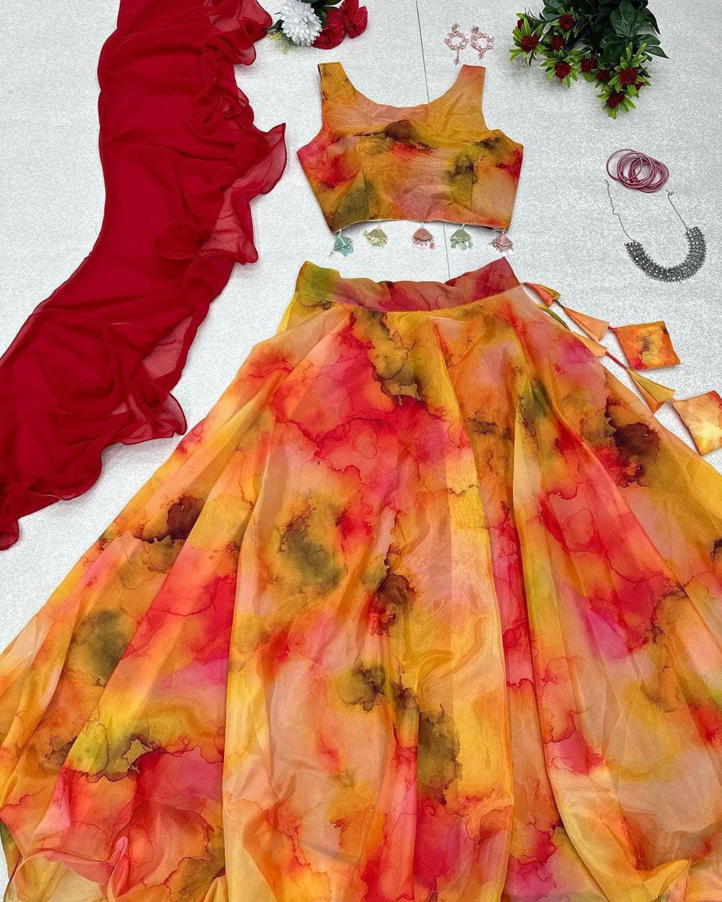 Winsome Yellow Organza Silk Floral Printed Stitched Lehenga Choli Set - INDIAN ELEGANCE