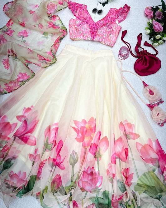Posh Cream Organza Silk Floral Printed Stitched Lehenga Choli Set - INDIAN ELEGANCE