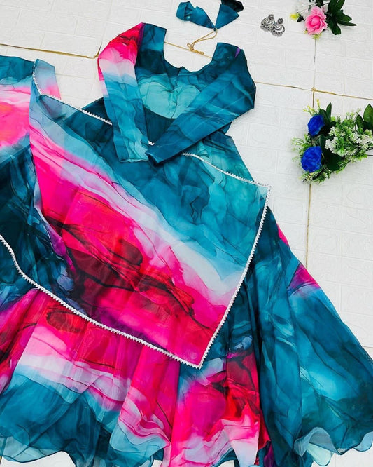 Prepossessing Blue Organza Silk Digital Printed Fully Stitched Gown With Dupatta - INDIAN ELEGANCE
