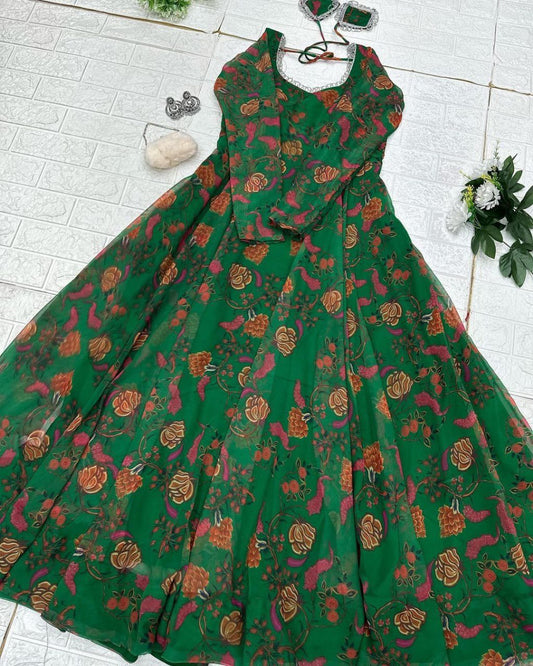 Delightful Green Georgette Floral Digital Printed Gown With Dupatta - INDIAN ELEGANCE