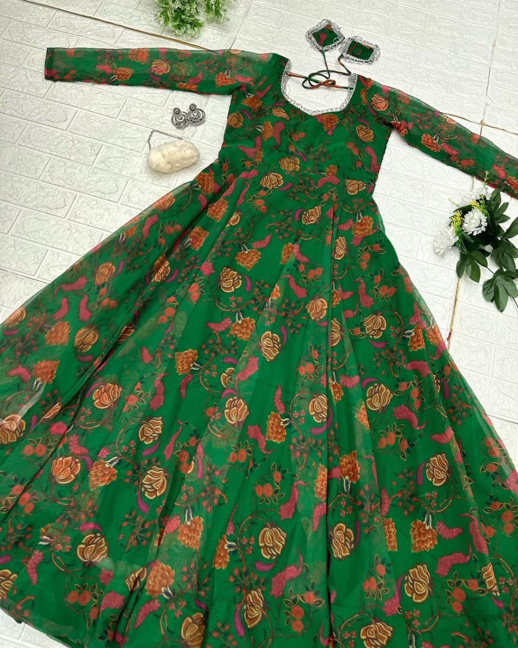Delightful Green Georgette Floral Digital Printed Gown With Dupatta - INDIAN ELEGANCE