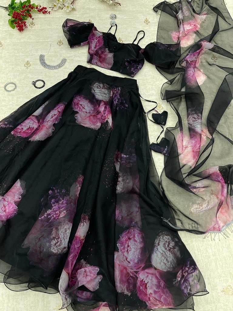 Elegant Black Organza Silk Floral Printed Lehenga Choli Set – Stitched for Festive Occasions - INDIAN ELEGANCE