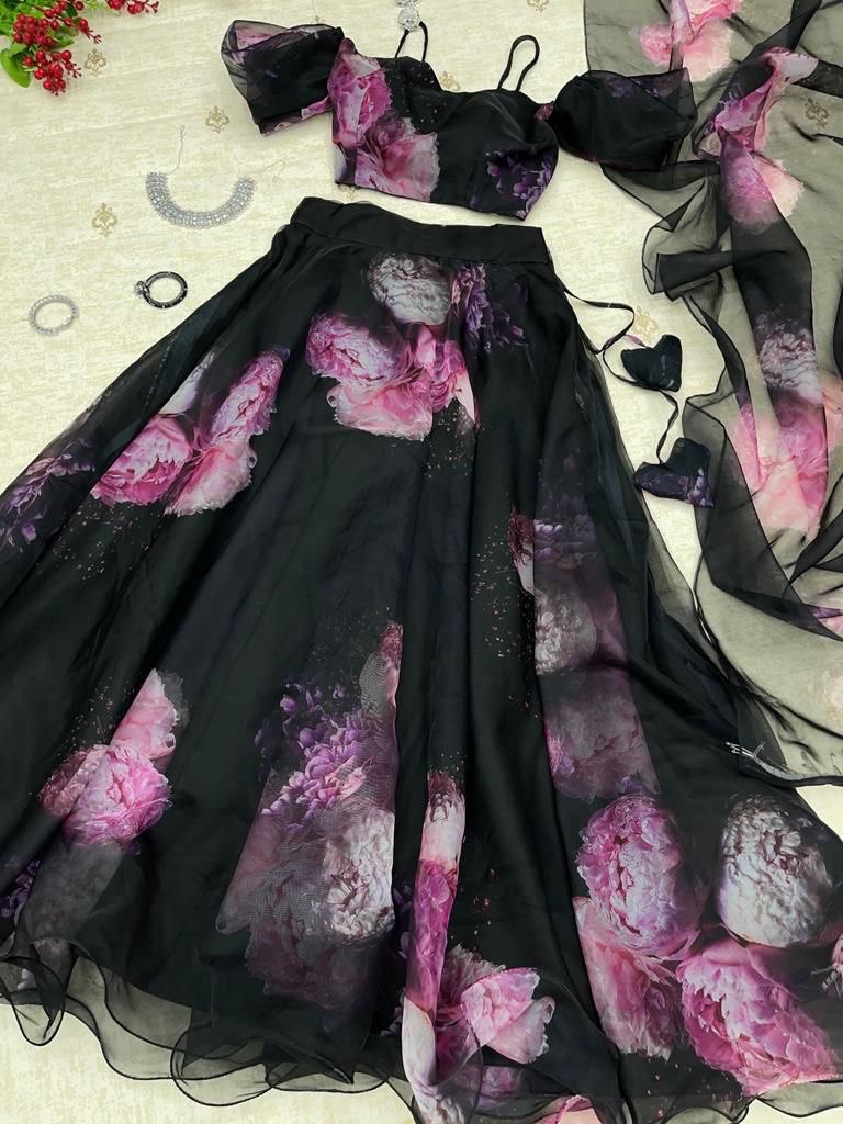 Elegant Black Organza Silk Floral Printed Lehenga Choli Set – Stitched for Festive Occasions - INDIAN ELEGANCE