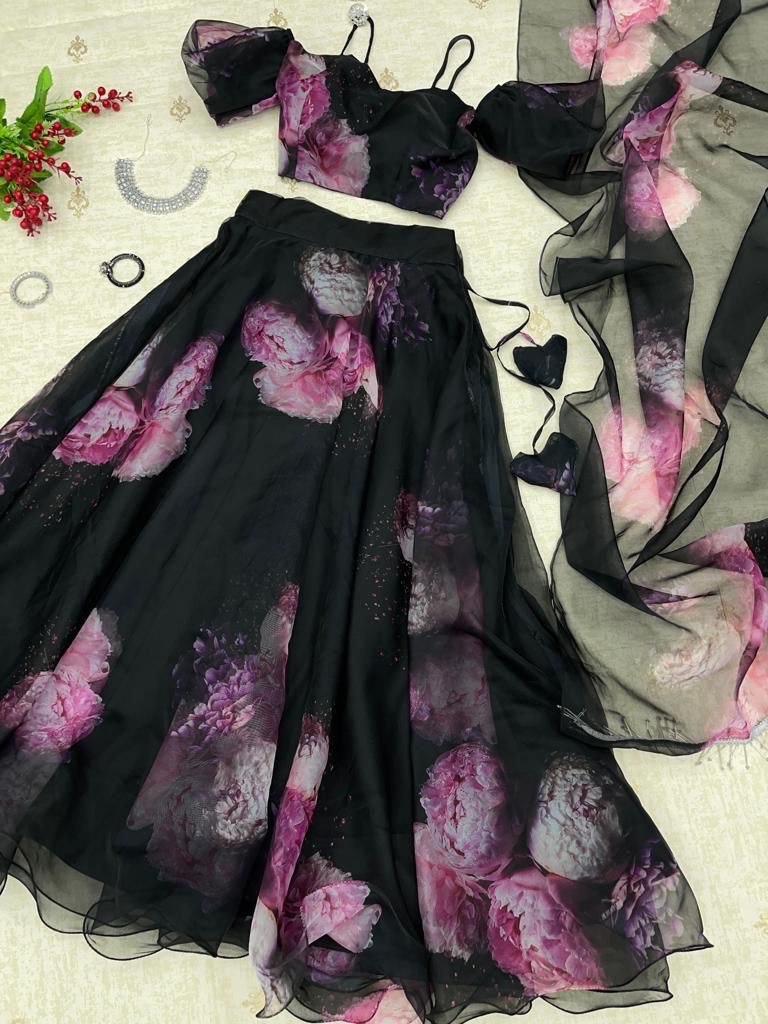 Elegant Black Organza Silk Floral Printed Lehenga Choli Set – Stitched for Festive Occasions - INDIAN ELEGANCE