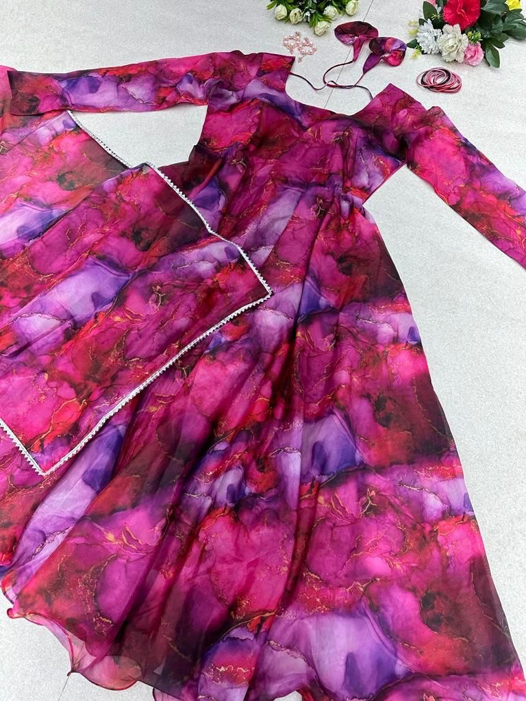Enamoring Organza Silk Digital Printed Fully Stitched Gown With Dupatta - INDIAN ELEGANCE