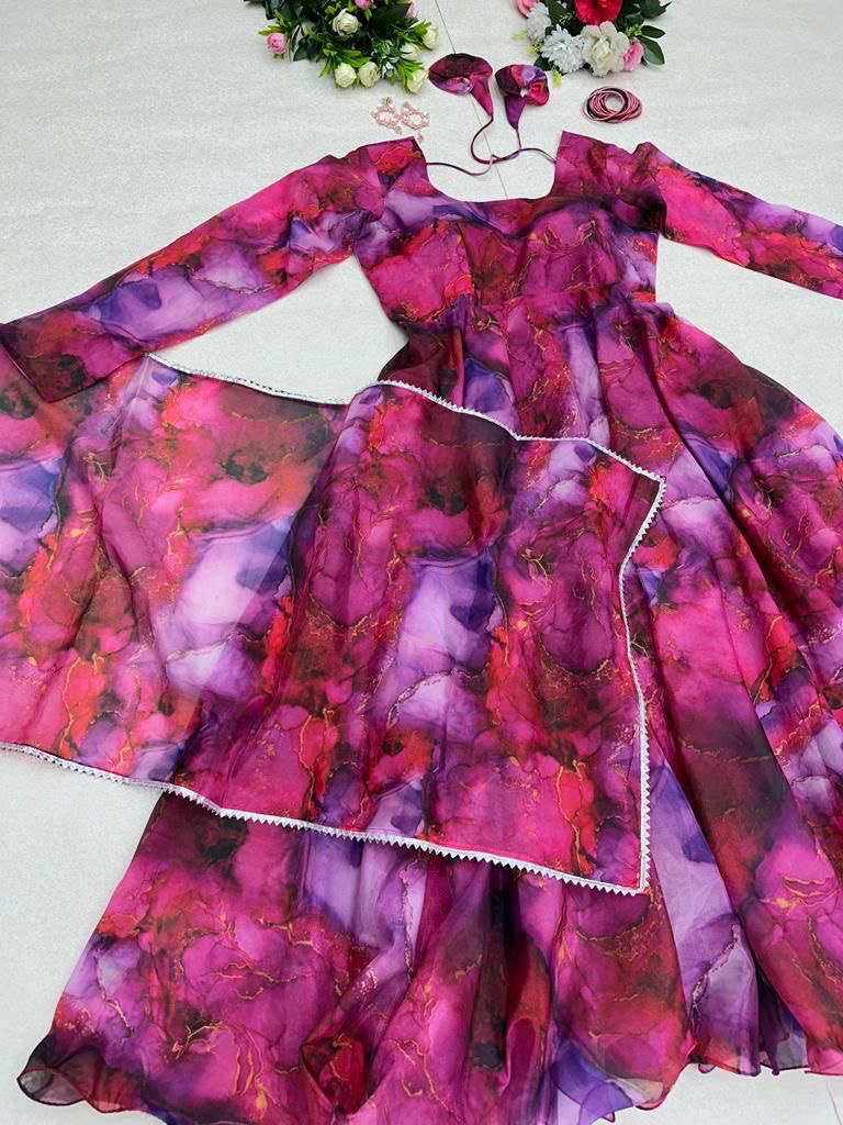 Enamoring Organza Silk Digital Printed Fully Stitched Gown With Dupatta - INDIAN ELEGANCE