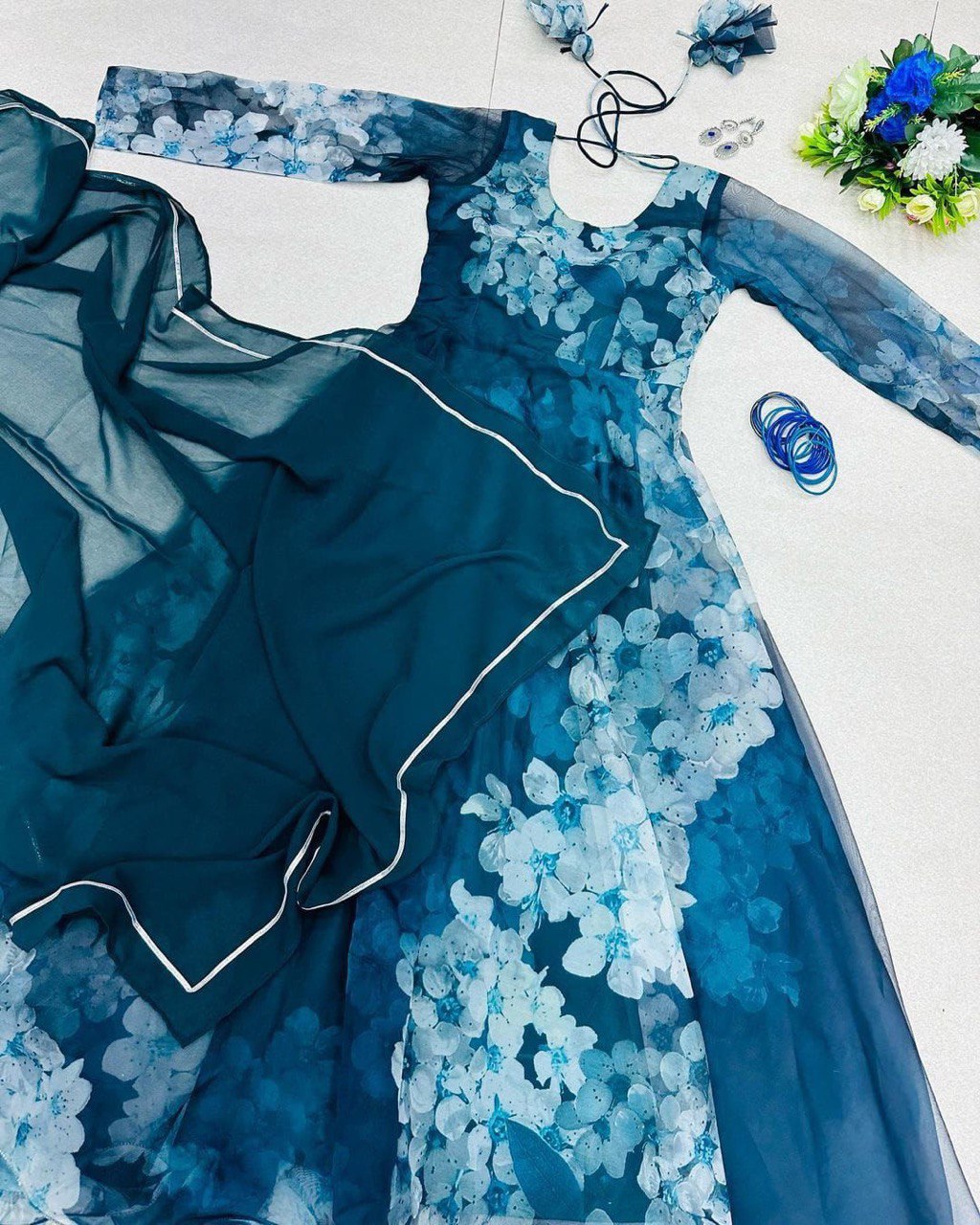 Mesmerizing Organza Silk Digital Printed Gown with Dupatta – For Elegant Events - INDIAN ELEGANCE