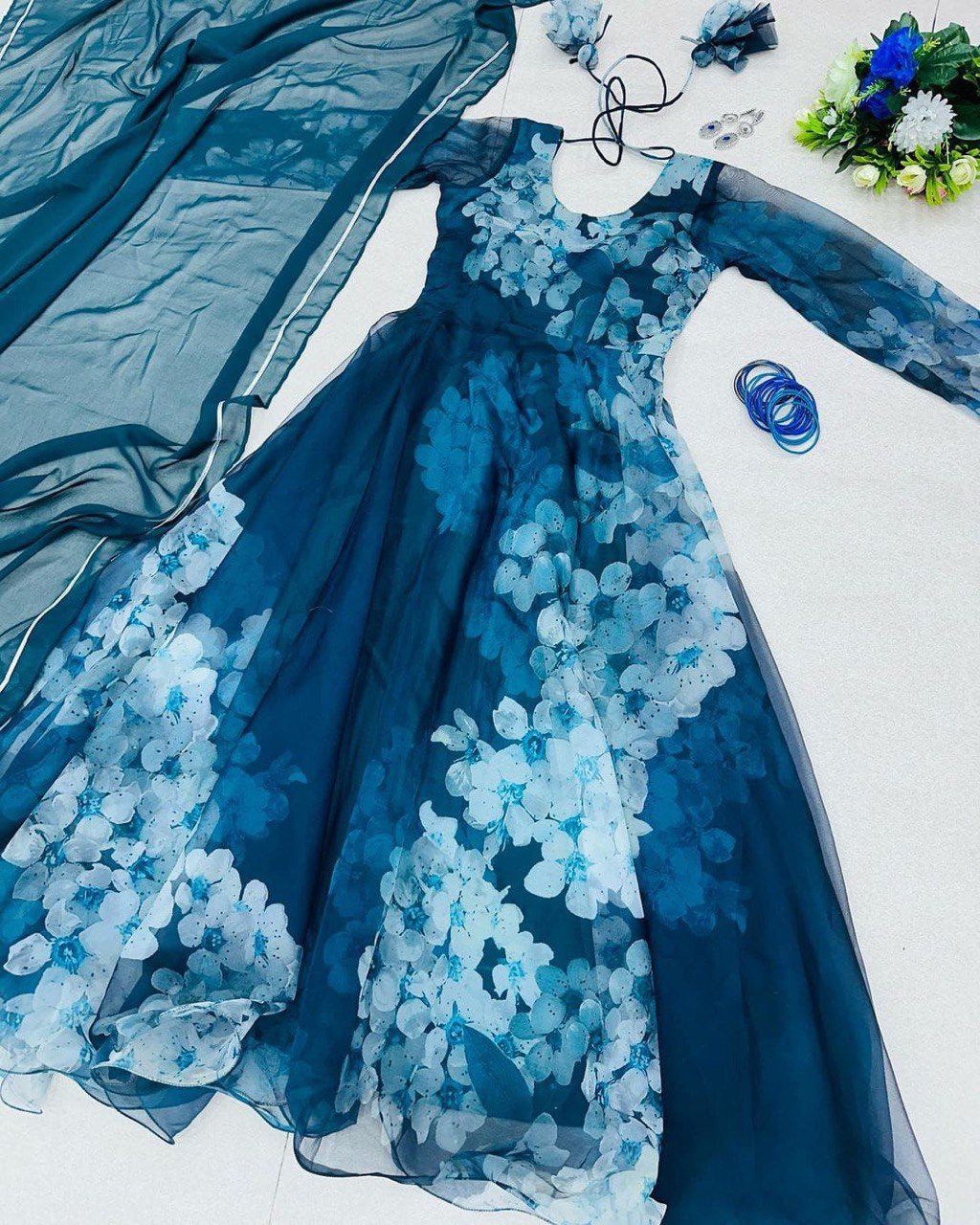 Mesmerizing Organza Silk Digital Printed Gown with Dupatta – For Elegant Events - INDIAN ELEGANCE