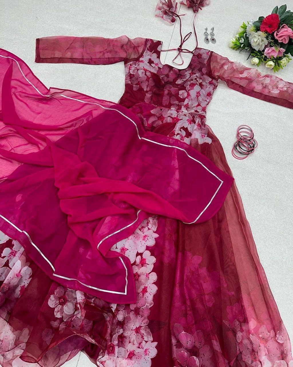 Mesmerizing Organza Silk Digital Printed Gown with Dupatta – For Elegant Events - INDIAN ELEGANCE