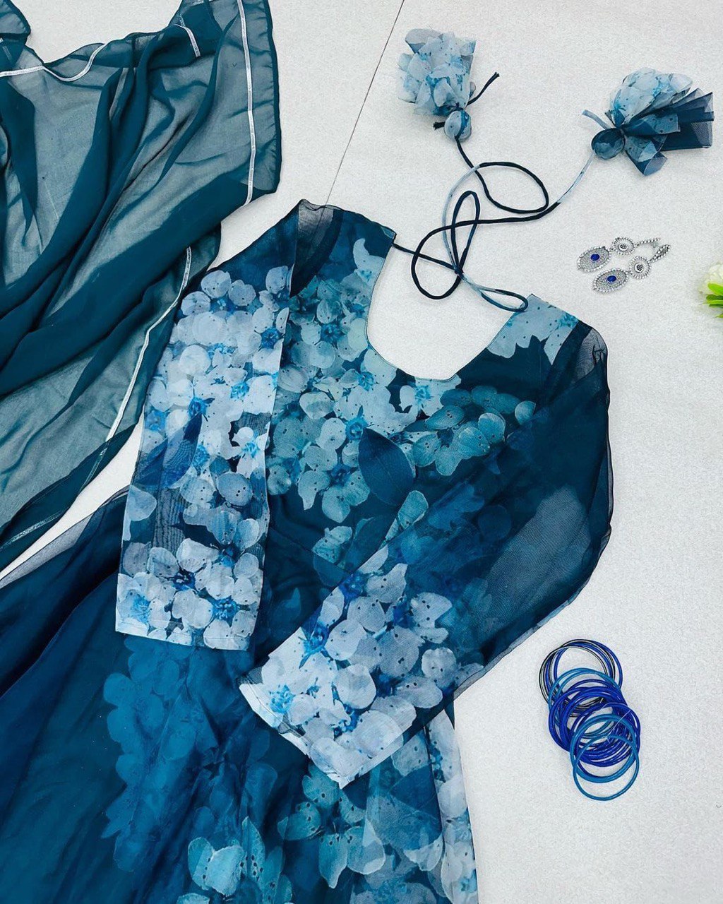 Mesmerizing Organza Silk Digital Printed Gown with Dupatta – For Elegant Events - INDIAN ELEGANCE