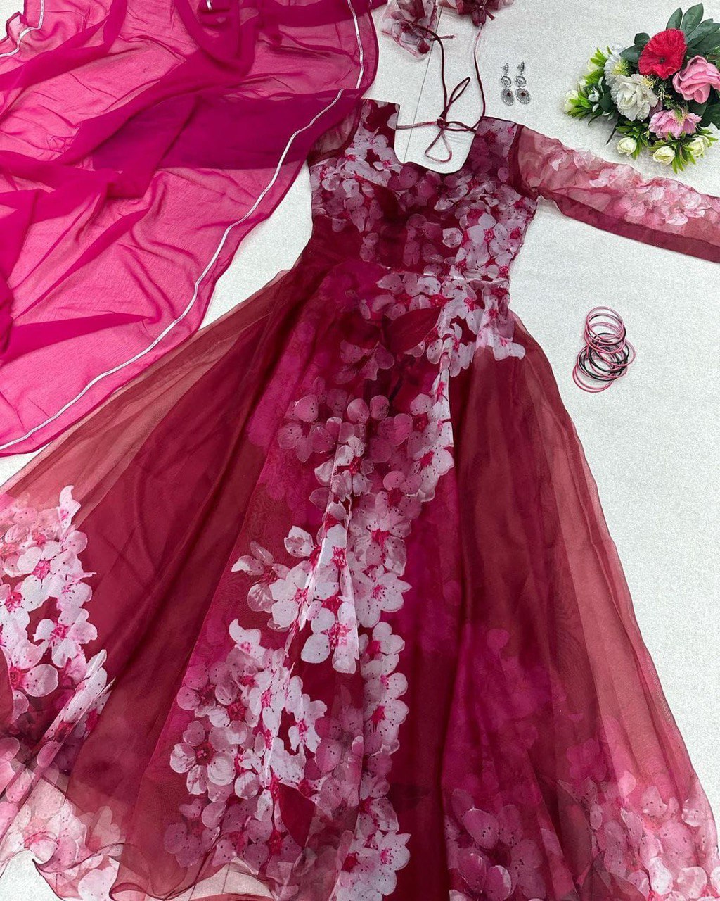 Mesmerizing Organza Silk Digital Printed Gown with Dupatta – For Elegant Events - INDIAN ELEGANCE