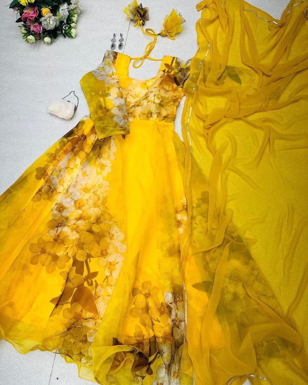 Mesmerizing Organza Silk Digital Printed Gown with Dupatta – For Elegant Events - INDIAN ELEGANCE
