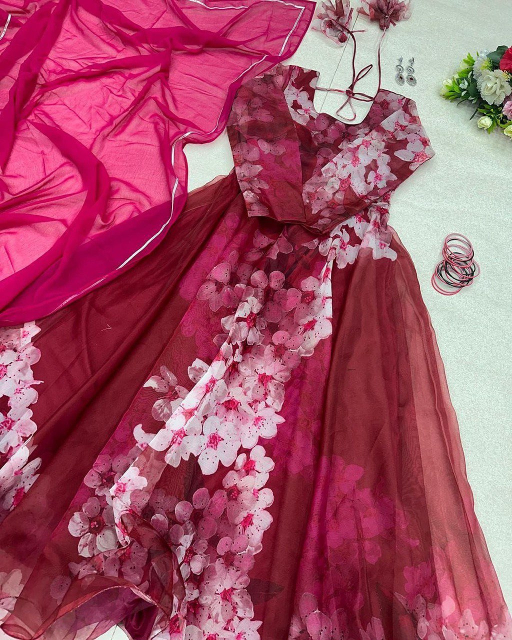 Mesmerizing Organza Silk Digital Printed Gown with Dupatta – For Elegant Events - INDIAN ELEGANCE