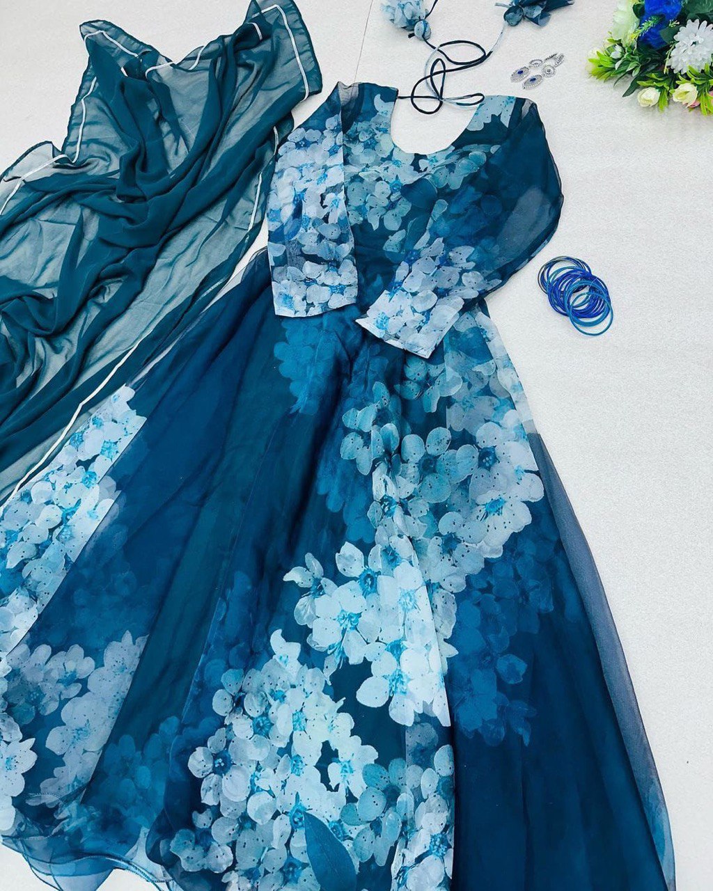 Mesmerizing Organza Silk Digital Printed Gown with Dupatta – For Elegant Events - INDIAN ELEGANCE