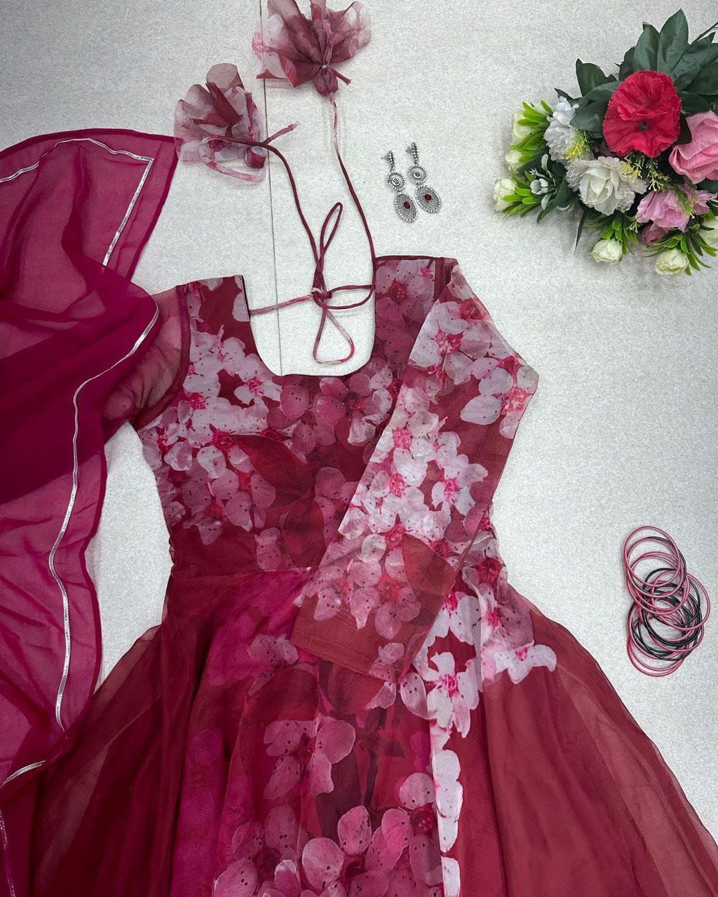 Mesmerizing Organza Silk Digital Printed Gown with Dupatta – For Elegant Events - INDIAN ELEGANCE