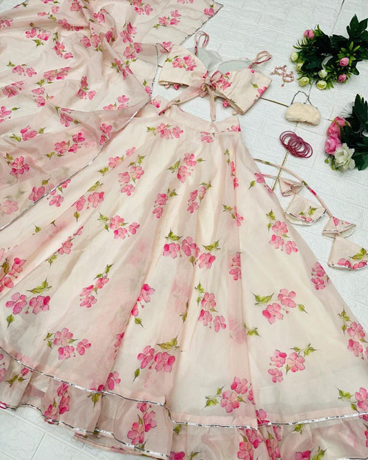 Skin Colored Floral Organza Silk Lehenga Choli Set – Elegant & Festive Wear - INDIAN ELEGANCE