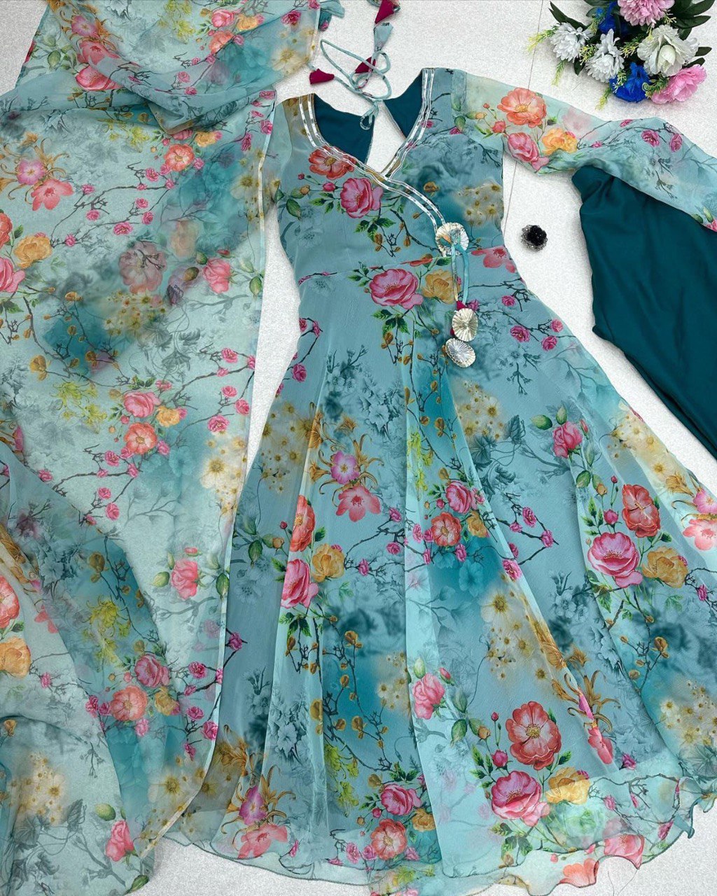 Winsome Rama Georgette Silk Floral Anarkali Pant Suit - INDIAN ELEGANCE