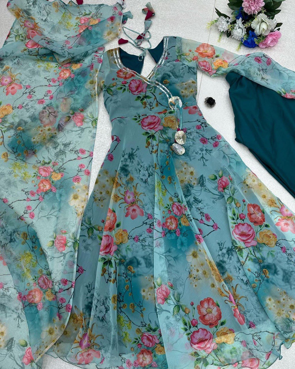 Winsome Rama Georgette Silk Floral Anarkali Pant Suit - INDIAN ELEGANCE