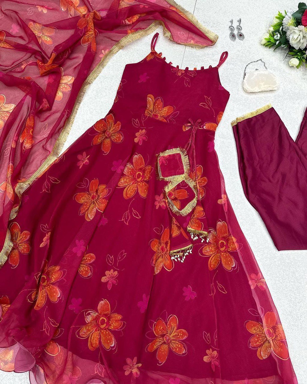 Prepossessing Maroon Georgette Silk Stitched Floral Anarkali Pant Suit - INDIAN ELEGANCE