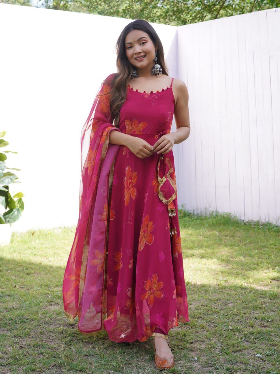 Prepossessing Maroon Georgette Silk Stitched Floral Anarkali Pant Suit - INDIAN ELEGANCE