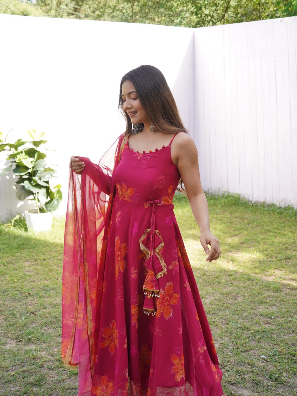 Prepossessing Maroon Georgette Silk Stitched Floral Anarkali Pant Suit - INDIAN ELEGANCE