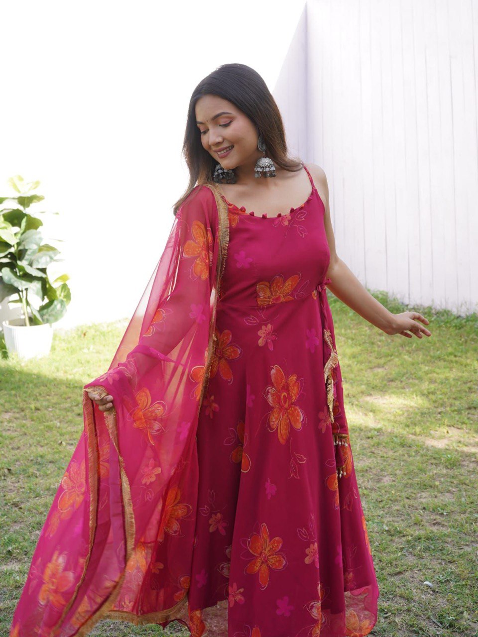 Prepossessing Maroon Georgette Silk Stitched Floral Anarkali Pant Suit - INDIAN ELEGANCE