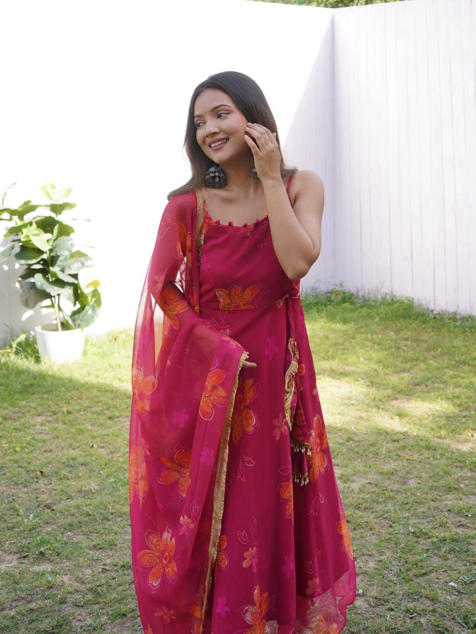 Prepossessing Maroon Georgette Silk Stitched Floral Anarkali Pant Suit - INDIAN ELEGANCE