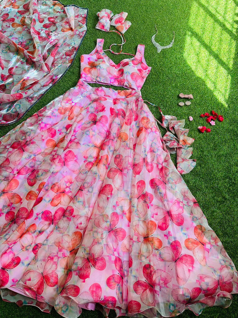Pink Colored Floral Organza Silk Lehenga Choli Set – Elegant & Festive Wear - INDIAN ELEGANCE