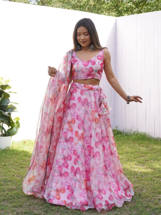 Pink Colored Floral Organza Silk Lehenga Choli Set – Elegant & Festive Wear - INDIAN ELEGANCE