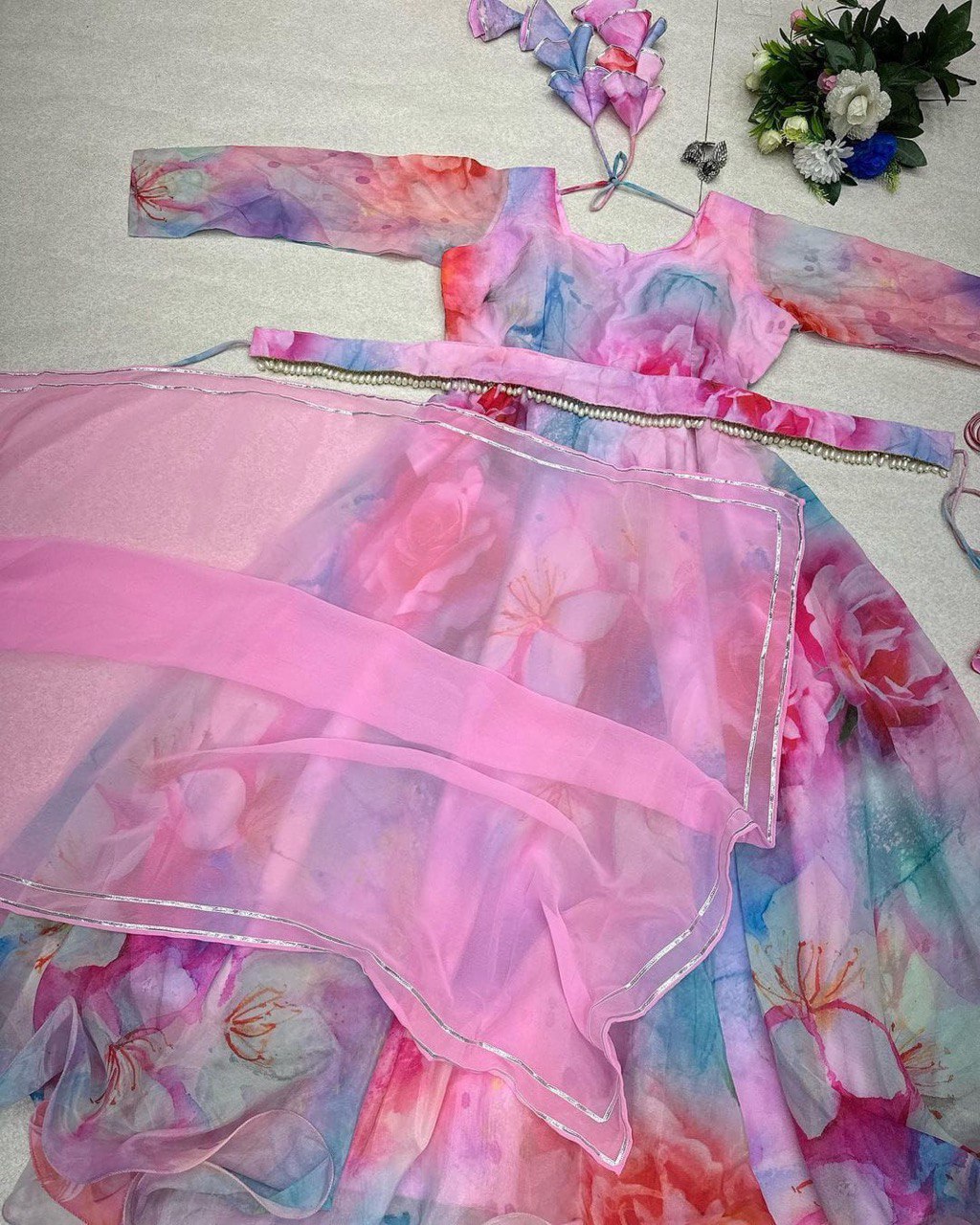 Delightful Pink Organza Silk Digital Printed Fully Stitched Gown With Dupatta - INDIAN ELEGANCE