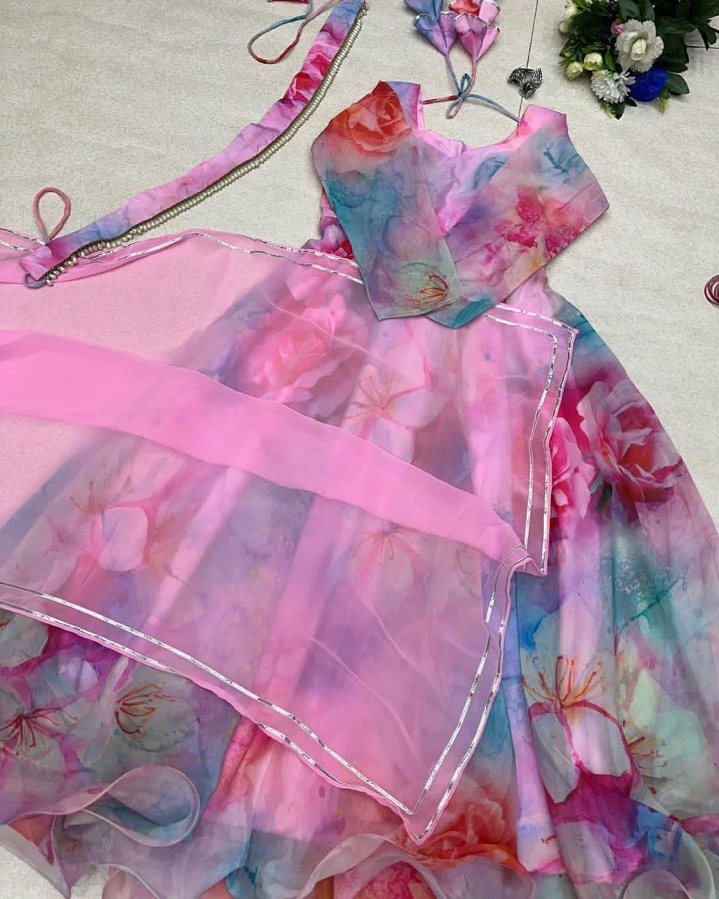 Delightful Pink Organza Silk Digital Printed Fully Stitched Gown With Dupatta - INDIAN ELEGANCE
