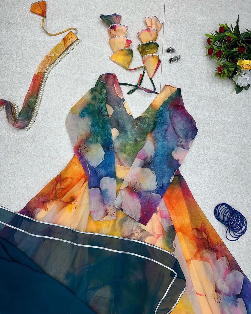 Classy Yellow Organza Silk Digital Printed Fully Stitched Gown With Dupatta - INDIAN ELEGANCE