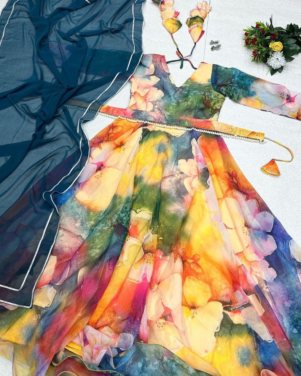 Classy Yellow Organza Silk Digital Printed Fully Stitched Gown With Dupatta - INDIAN ELEGANCE