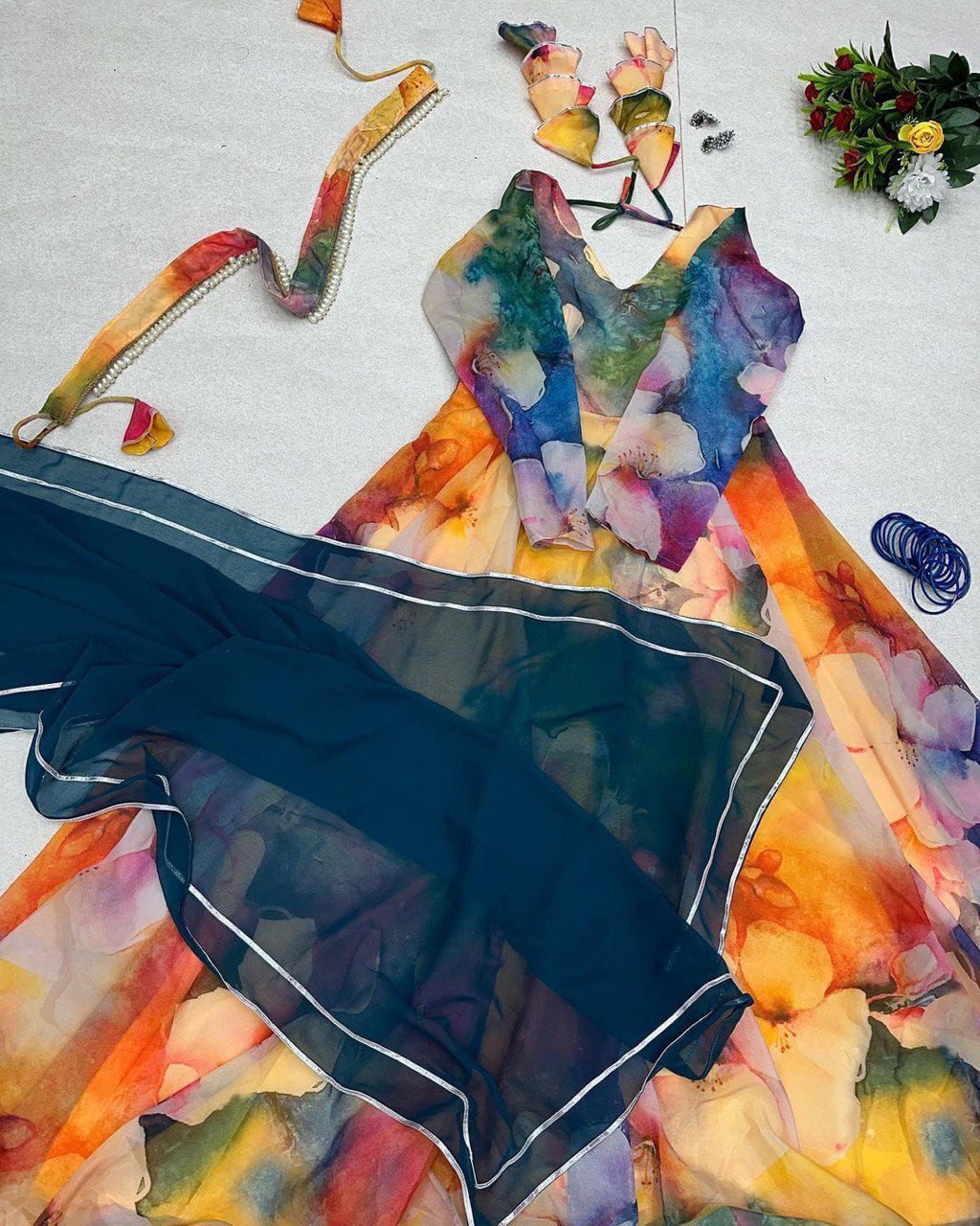 Classy Yellow Organza Silk Digital Printed Fully Stitched Gown With Dupatta - INDIAN ELEGANCE