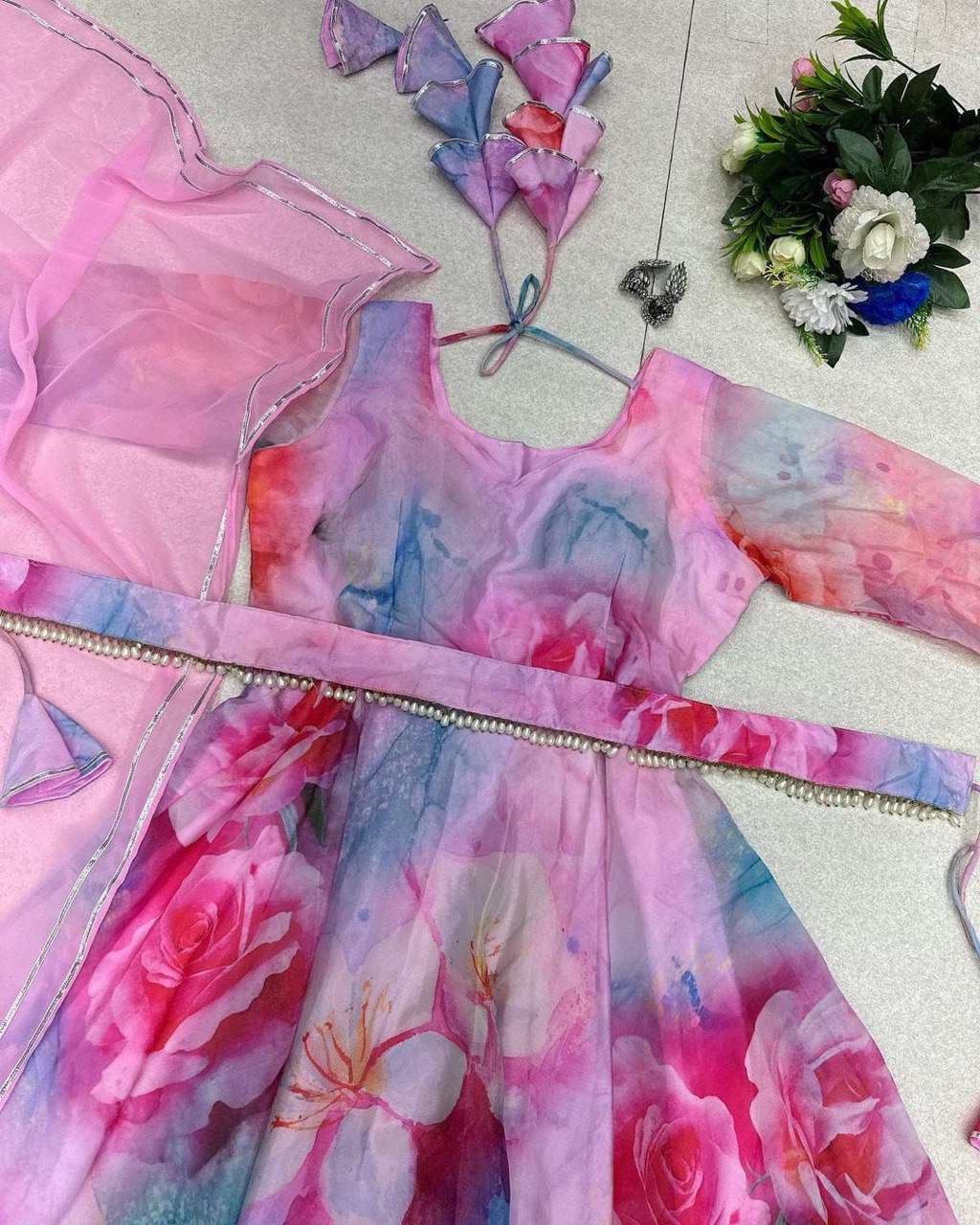 Delightful Pink Organza Silk Digital Printed Fully Stitched Gown With Dupatta - INDIAN ELEGANCE
