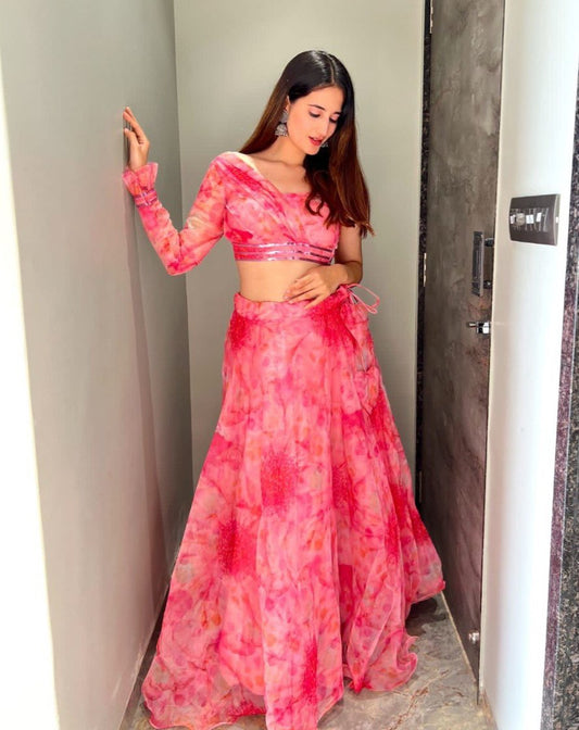 Polished Pink Floral Organza Silk Lehenga With Stitched Blouse - INDIAN ELEGANCE