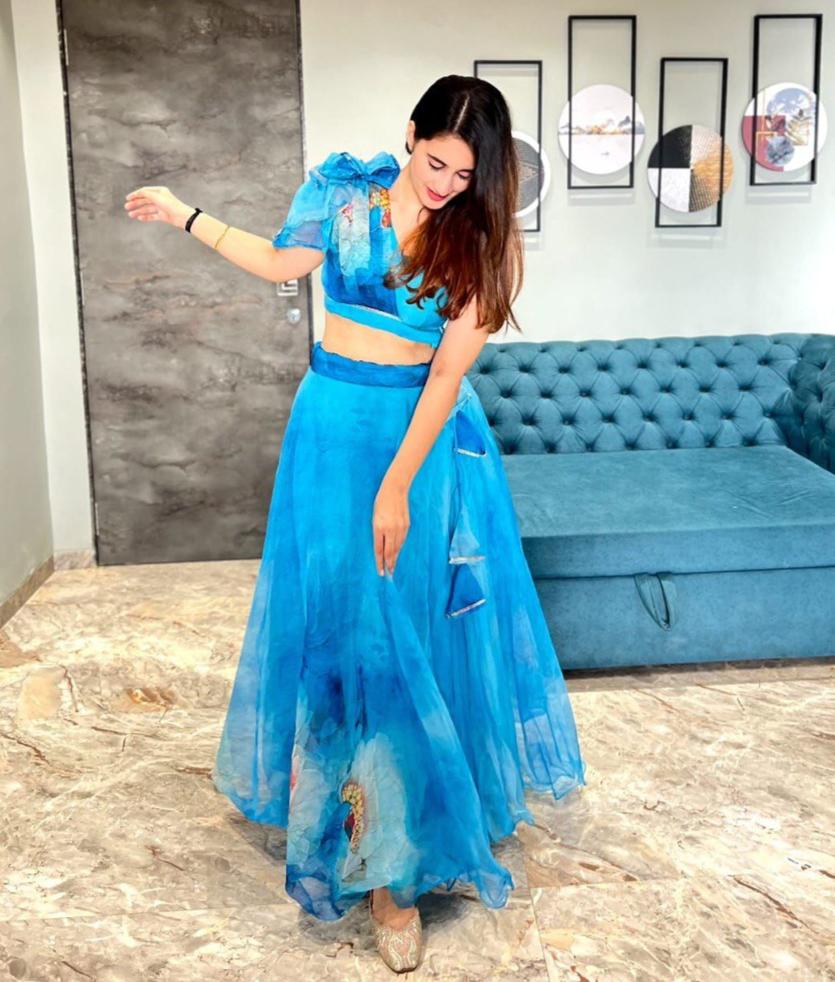 Splendid Sky Blue Floral Organza Silk Lehenga With Stitched Blouse - INDIAN ELEGANCE