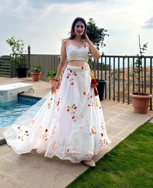 Arresting White Handprinted Organza Silk Lehenga Choli Set - INDIAN ELEGANCE
