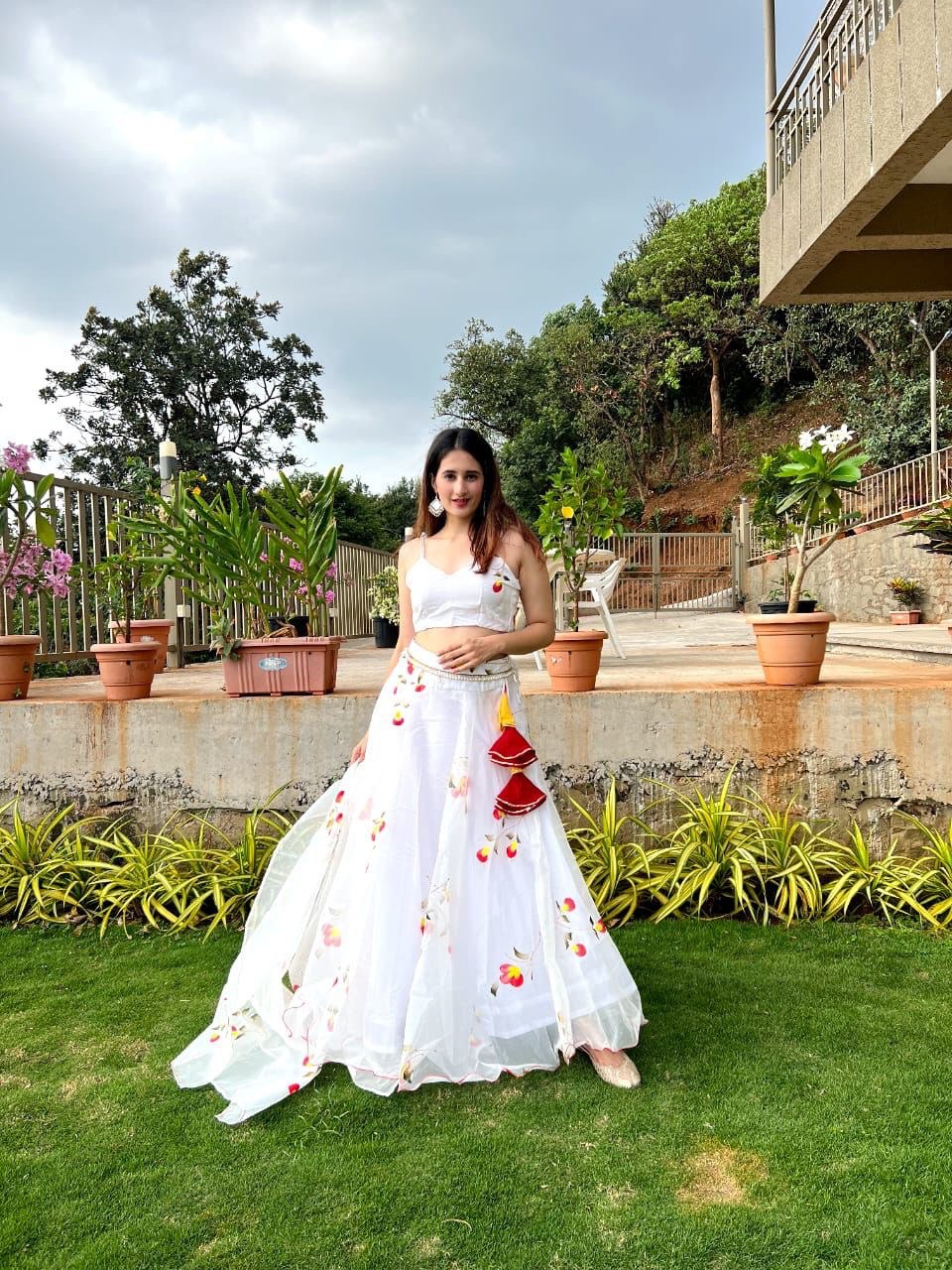 Arresting White Handprinted Organza Silk Lehenga Choli Set - INDIAN ELEGANCE