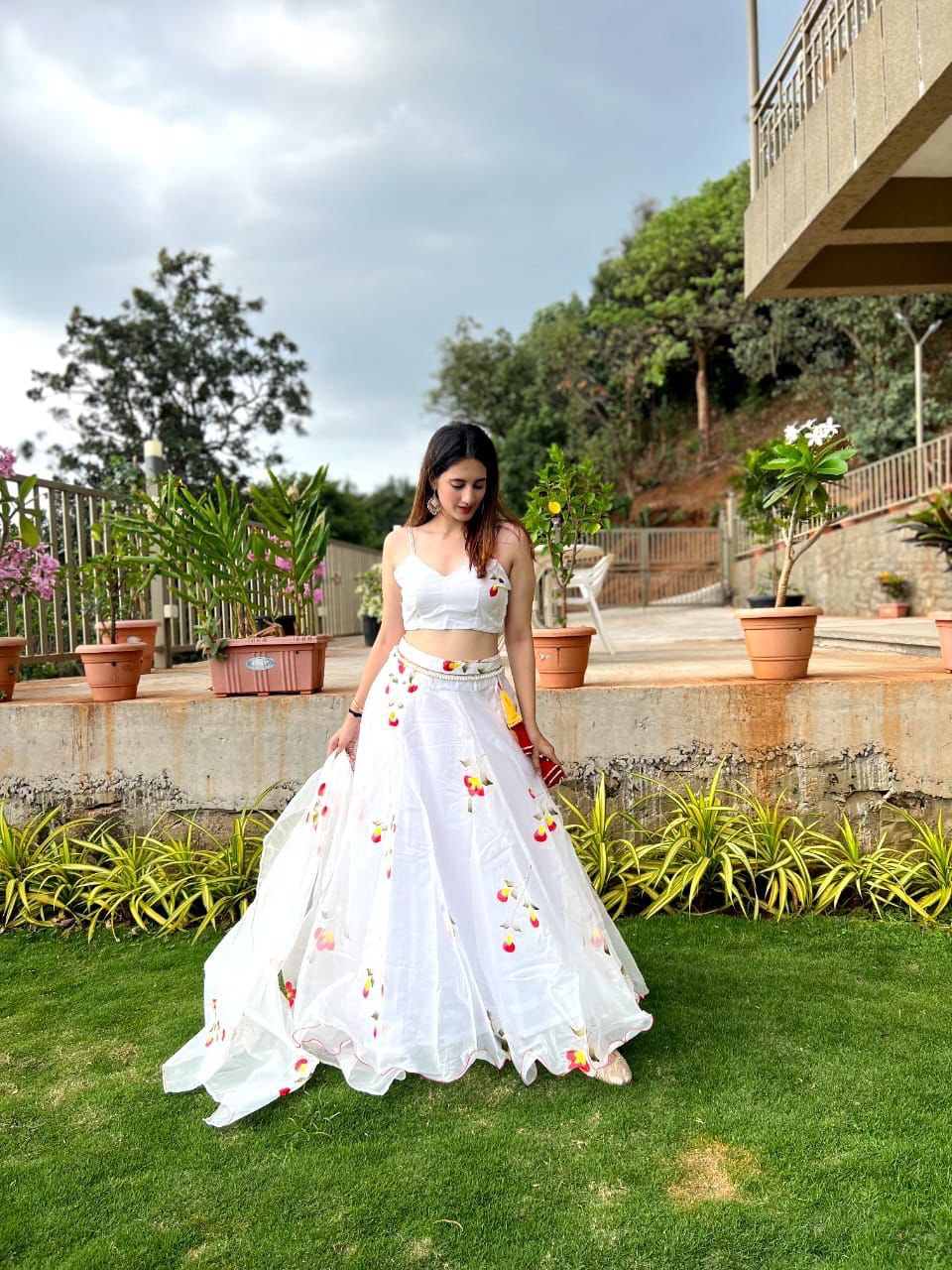 Arresting White Handprinted Organza Silk Lehenga Choli Set - INDIAN ELEGANCE