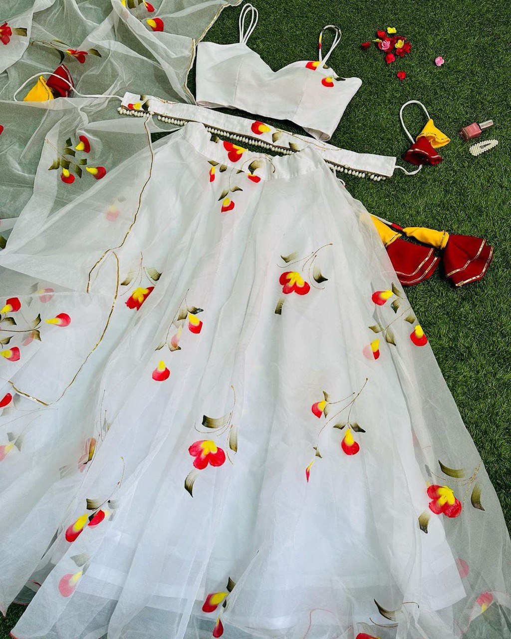 Arresting White Handprinted Organza Silk Lehenga Choli Set - INDIAN ELEGANCE