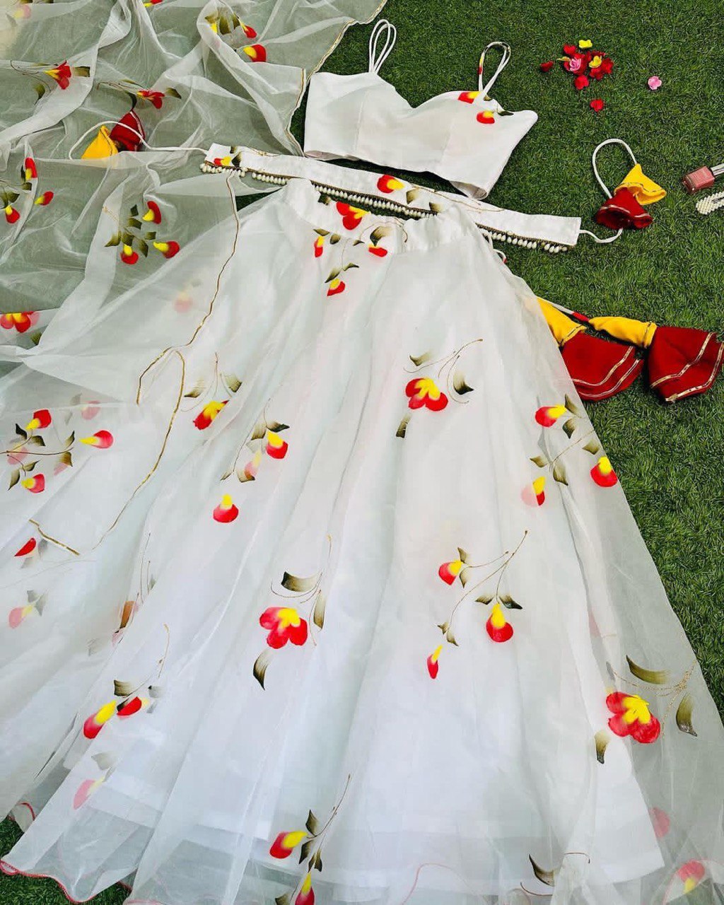 Arresting White Handprinted Organza Silk Lehenga Choli Set - INDIAN ELEGANCE