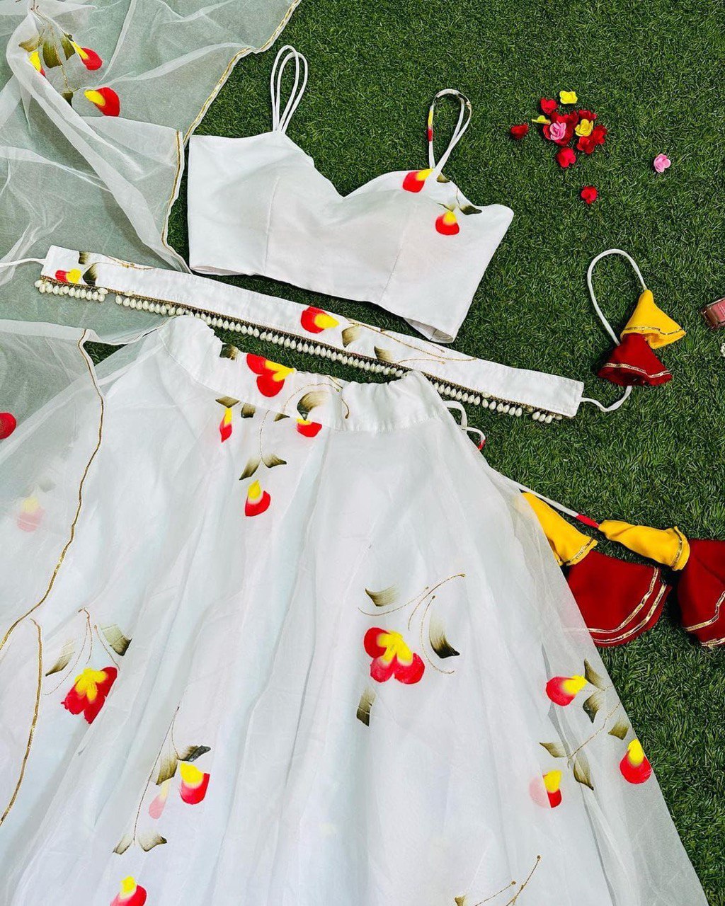 Arresting White Handprinted Organza Silk Lehenga Choli Set - INDIAN ELEGANCE