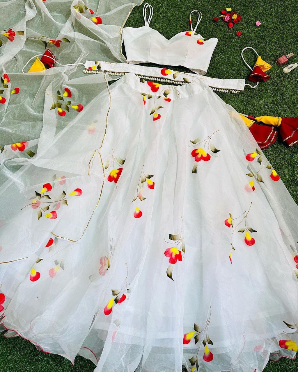 Arresting White Handprinted Organza Silk Lehenga Choli Set - INDIAN ELEGANCE
