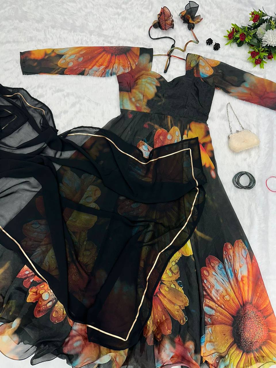 Beguiling Black Organza Silk Digital Printed Fully Stitched Gown With Dupatta - INDIAN ELEGANCE