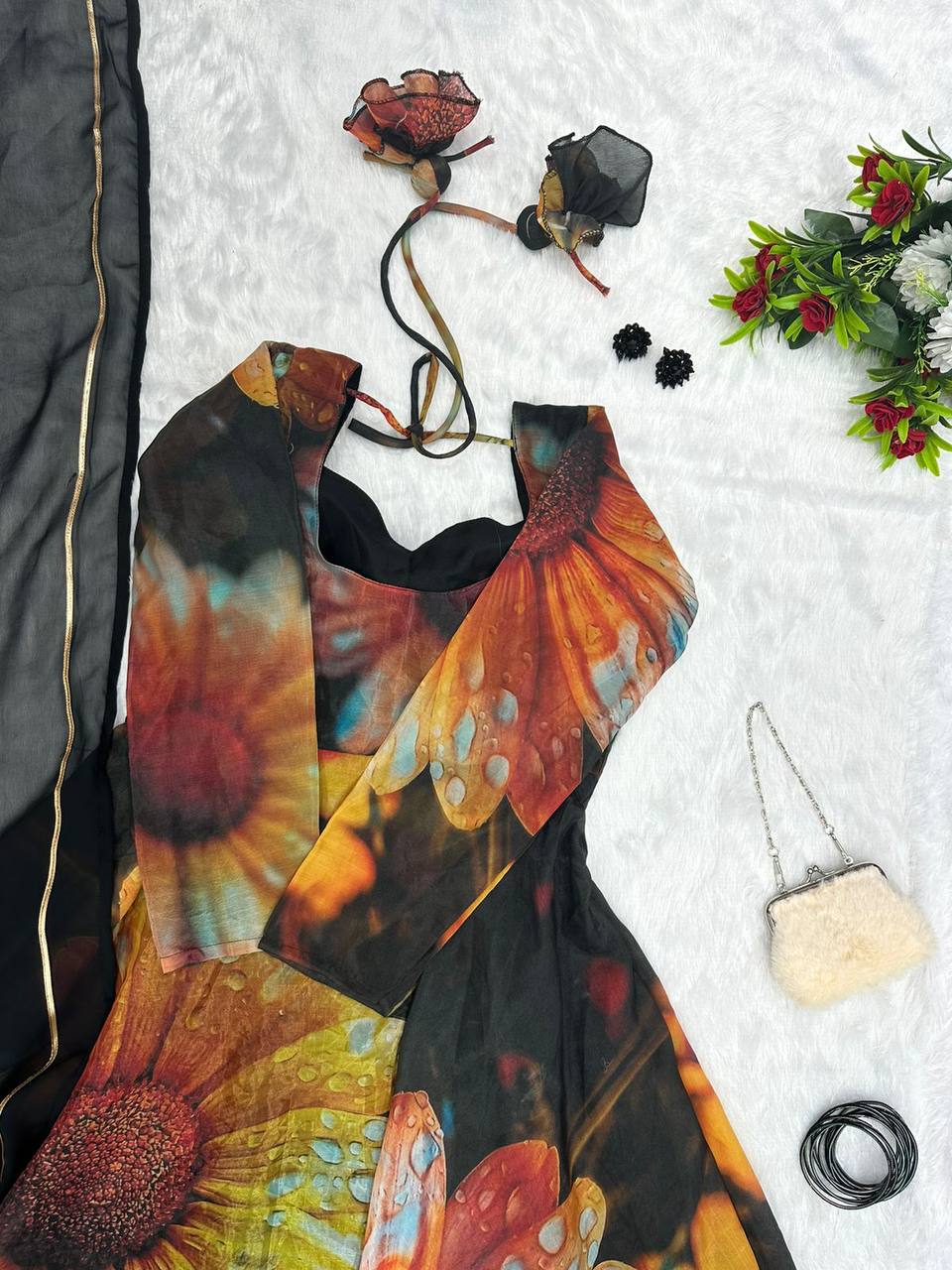 Beguiling Black Organza Silk Digital Printed Fully Stitched Gown With Dupatta - INDIAN ELEGANCE